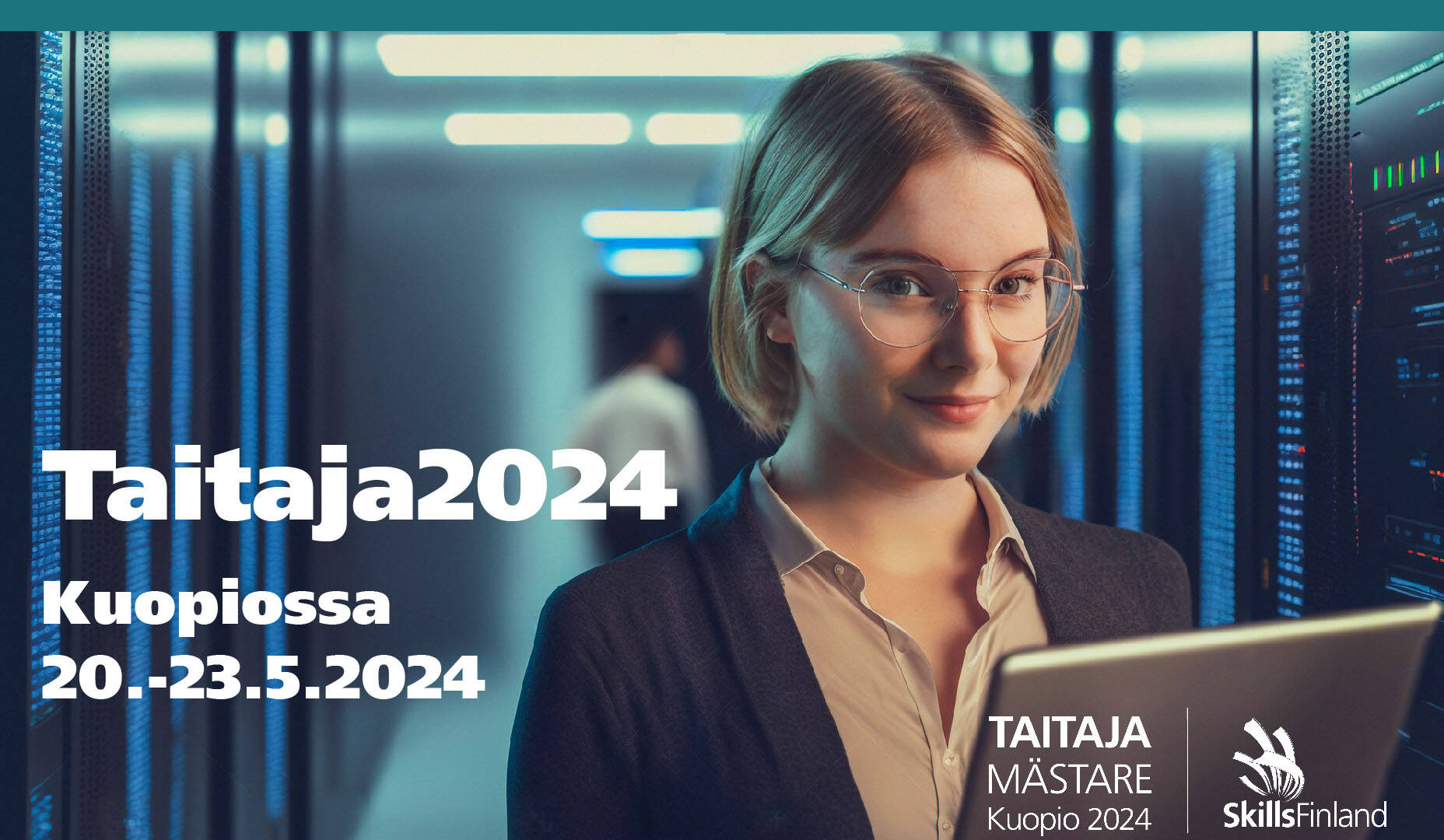 Kuopiossa 20.-23.5. järjestettävän Taitaja 2024 -kilpailun infonäyttökuva, jossa tyttö katsoo tietokoneen takaa kameraan.